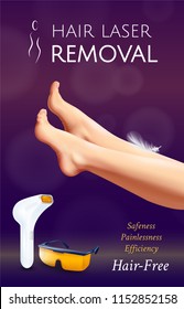 Realistic Photoepilation Vertical Poster With Laser Assisted Hair Removal Tools Female Legs And Editable Text Vector Illustration