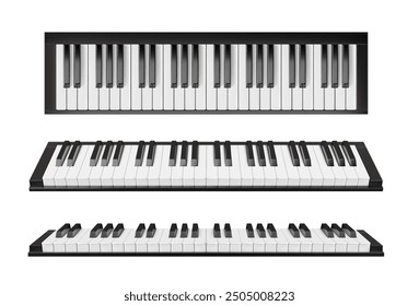 Realistic piano keyboard with keys, synthesizer or music instrument, vector isolated 3D object. Realistic piano or electronic musical instrument of jazz and classic music with top and 45 degree view