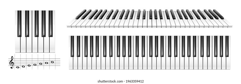 Realistic piano keys. Musical instrument keyboard top above view. Black and white classic or electric piano keys. 3d vector illustration