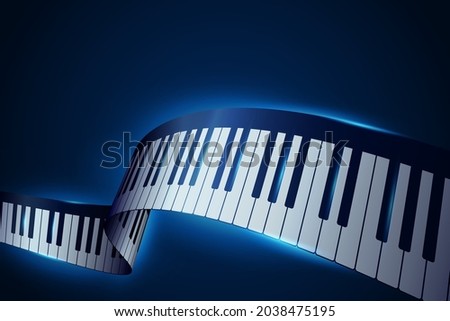 Realistic piano keys on a blue background with place for text. Abstract musical background. Modern 3d isometric piano keyboard in perspective view. Vector illustration template for music festival.