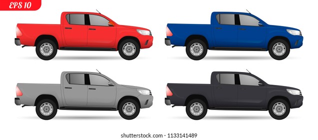 Realistic pick up car model. All elements set car in groups on separate layers. The ability to easily change the color. vector set of car illustration. Side view Pick up body. Pickup truck. 4x4 set