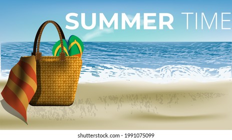 realistic picnic bag with woven bamboo pattern on the beach.slippers, towels, cloth. vector illustration