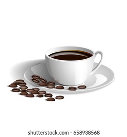 Realistic picture of coffee Cup and coffee beans isolated on white background.
