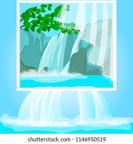 Realistic picture with forest waterfall. Nature protection, environmental protection. Water is poured into the interior through the picture on the wall. Vector cartoon close-up illustration.