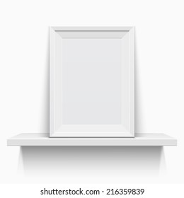 Realistic picture frame on white realistic shelf, against brick wall. Vector illustration