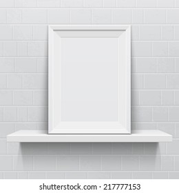 Realistic picture frame on  white realistic shelf, against brick wall. Vector illustration