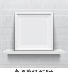 Realistic picture frame on white realistic shelf against brick wall. Vector illustration