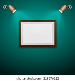 Realistic picture frame and the wall with lamps