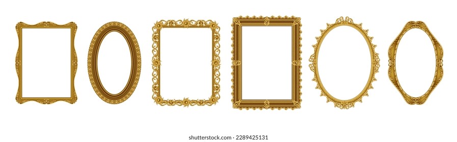 Realistic picture frames. Empty gold museum borders. Golden photo antique ornate. Victorian royal ornaments. Luxury rococo art. Oval and square decorative frameworks. Vector exact set - Shutterstock ID 2289425131