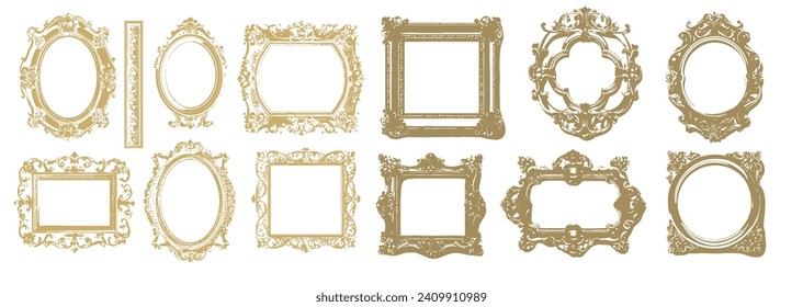 Realistic picture frames. Empty gold museum borders . A set of isolated vector illustration templates