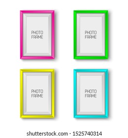 Realistic picture frames in neon colors isolated on white background with blank space for your photo, pink, green, yellow and cyan picture frames