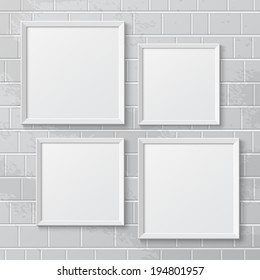 Realistic picture frames on brick wall. Perfect for your presentations. Vector illustration