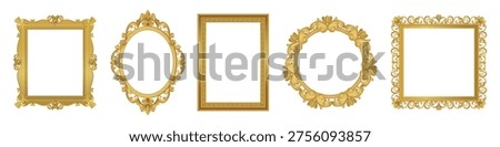 Realistic picture frames set. Vintage gold museum borders for paintings and photo at art exhibition. Round and square antique ornate frames. Flat vector illustration collection isolated on background