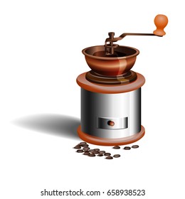 A realistic picture of the grinder and coffee beans isolated on white background.