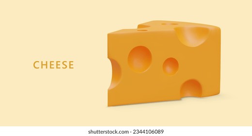 Realistic piece of cheese on colored background. Concept for dairy department. Advertisement of cheese shop. Sign for farm goods at fair. Label template