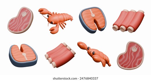 Realistic piece of meat, crayfish, fish steak, ribs. Isolated vector templates