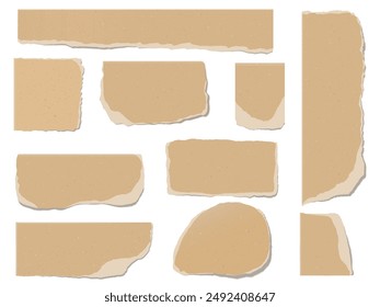 Realistic piece of torn brown paper vector isolated set. Ripped cardboard sheet fragments various shapes. Retro notice board collage, empty scraps with torn edges. Paper with marble chips texture