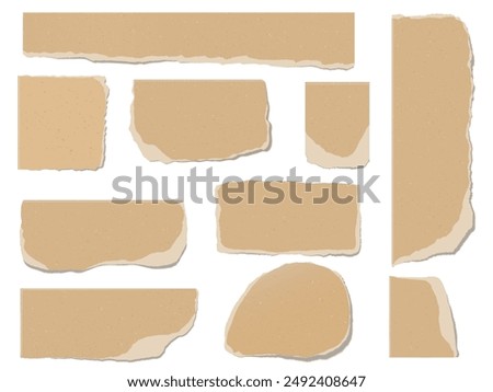 Realistic piece of torn brown paper vector isolated set. Ripped cardboard sheet fragments various shapes. Retro notice board collage, empty scraps with torn edges. Paper with marble chips texture