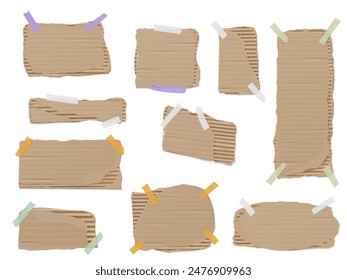 Realistic piece of torn cardboard with colorful sticky tape vector set. Ripped corrugated brown paper fragment, craft paper or carton with uneven edges and damaged texture. Empty notice collage