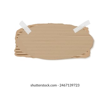 Realistic piece of torn cardboard with white sticky tape. Vector ripped horizontal corrugated brown paper fragment, craft paper or carton with uneven edges and damaged texture. Empty notice board