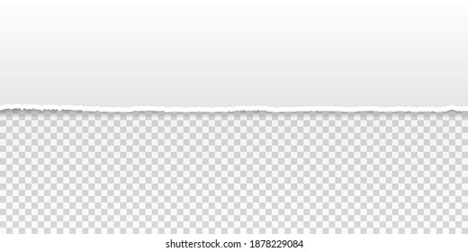 Realistic piece of torn paper. White horizontal paper strip with a soft shadow on transparent background. Vector illustration.
