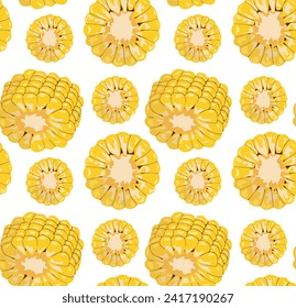 Realistic pieces of corn. Autumn vegetables. Seamless pattern in vector. Suitable for backgrounds and prints.