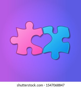 Realistic pieces of jigsaw puzzle with heart shape between them on purple background. Two halves of the whole. Love, medical, relationship symbol. Valentine's concept. Vector Illustration.