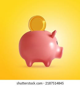 Realistic Pig piggy bank. Moneybox in the form of a pig and coins falling, isolated on yellow background, vector 3d illustration. Money creative business concept. Financial services. Web site Landing.