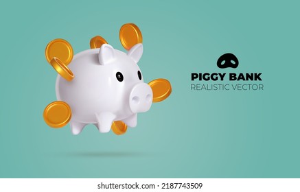 Realistic Piggy bank with money creative business concept. White pig keeps gold coins. Keep and accumulate cash savings. Financial services. Safe finance investment. 3D design vector illustration.