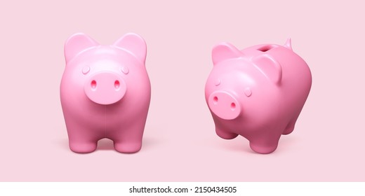 Realistic piggy bank. Pink pig isolated on white background. Piggy bank concept of money deposit and investment. Vector illustration