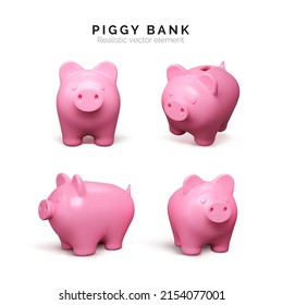 Realistic piggy bank set. Pink pig isolated on white background. Piggy bank concept of money deposit and investment. Vector illustration