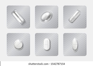 Realistic pill blisters set. Medicine capsule and pills in blister pack. 3D illustration chemicals drugs and medicine vitamins isolated vector mockup pharmaceutical capsules