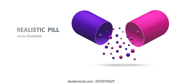 realistic pill icon, opened capsule, falling medicament balls, isolated medicine vector