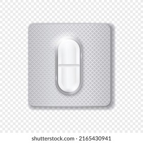 Realistic pill. Oval shaped tablet in blister, drugs and medicine concept. Pharmacy, healthcare and treatment of diseases concept. Isometric vector illustration isolated on copy space background