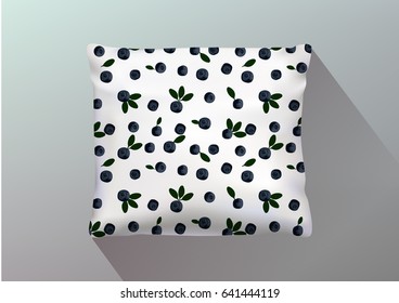 Realistic pillow with blueberries pattern for design. Vector image.