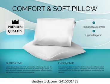 Realistic pillow. Comfort and soft 3D cushion. Premium quality. Bedroom accessory. Comfortable hypoallergenic orthopedic bedding. Advertising banner template, copy space for text. Vector illustration