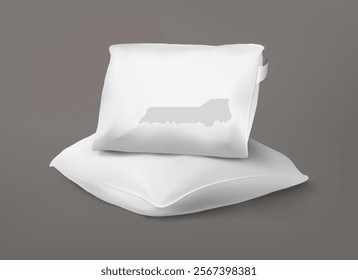 Realistic pillow. Cushions stack for bedroom, comfortable sleep advertising isolated 3d elements. Ergonomic orthopedic square sleeping accessories pile. White pillowcase home decoration. Vector object