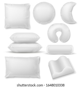 Realistic pillow. Different shaped soft white pillows, comfort orthopedic textile cotton cushions for sleep and rest template for healthy sleeping vector set