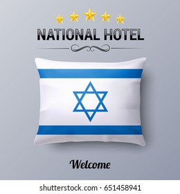 Realistic Pillow and Flag of Israel as Symbol National Hotel. Flag Pillow Cover with Israeli flag