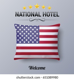 Realistic Pillow and Flag of USA as Symbol National Hotel. Flag Pillow Cover with American flag