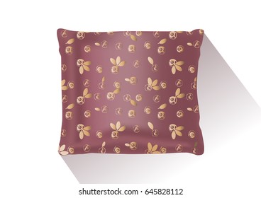 Realistic pillow with golden blueberries pattern for design. Vector image.