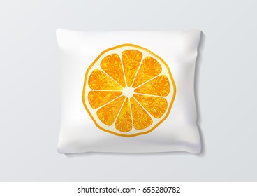 Realistic pillow with orange slice for interior design. Vector image.