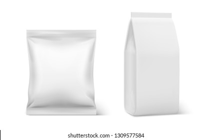Realistic pillow pack. Coffee doy blank mockup, plastic blank food packaging, doy pouch pillow bag vector templates isolated on white