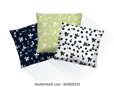 Realistic pillows with blueberries pattern for design. Vector image.