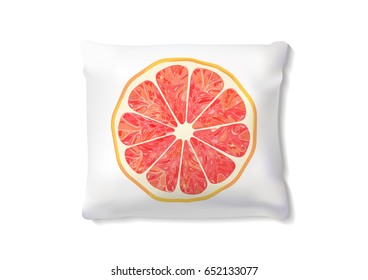 Realistic pillows with grapefruit slice for interior design. Vector image.