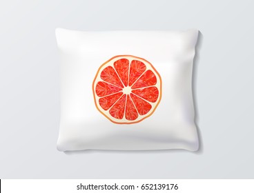 Realistic pillows with grapefruit slice for interior design. Vector image.