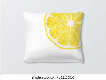 Realistic pillows with lemon slice for interior design. Vector image.