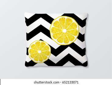 Realistic pillows with lemon slices and geometric line pattern for interior design. Vector image.