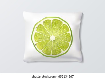 Realistic pillows with lime slice for interior design. Vector image.