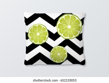 Realistic pillows with lime slices and geometric lines pattern for interior design. Vector image.